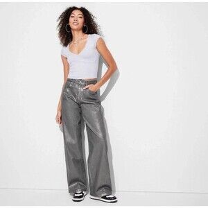 Wild Fable High Rise Baggy Jeans Denim Wide Leg Silver Metallic Wash NWT Size 2